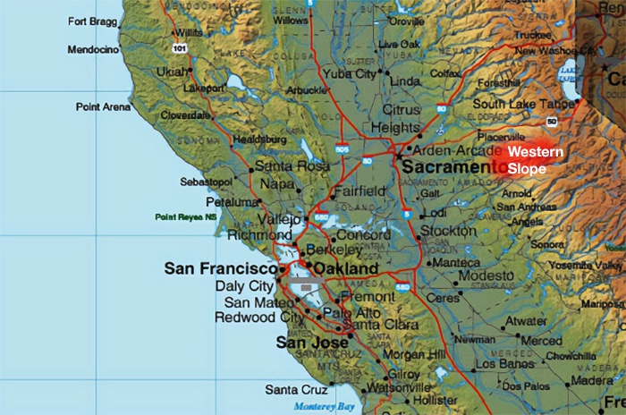 Map showing drive time from the Bay Area to the Western Slope