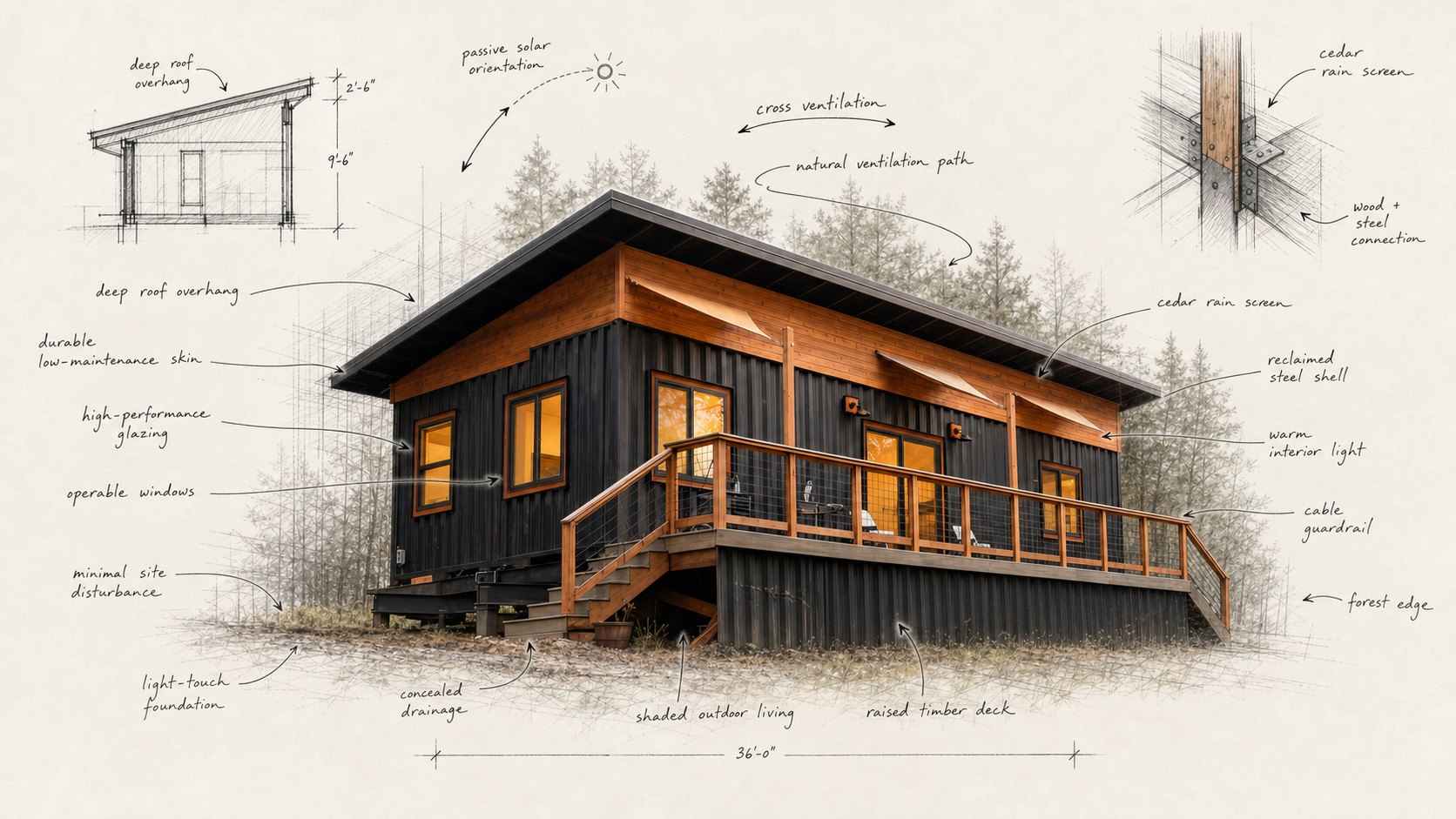 Annotated container home design showing cedar rain screen, raised timber deck, light-touch foundation, and passive solar orientation