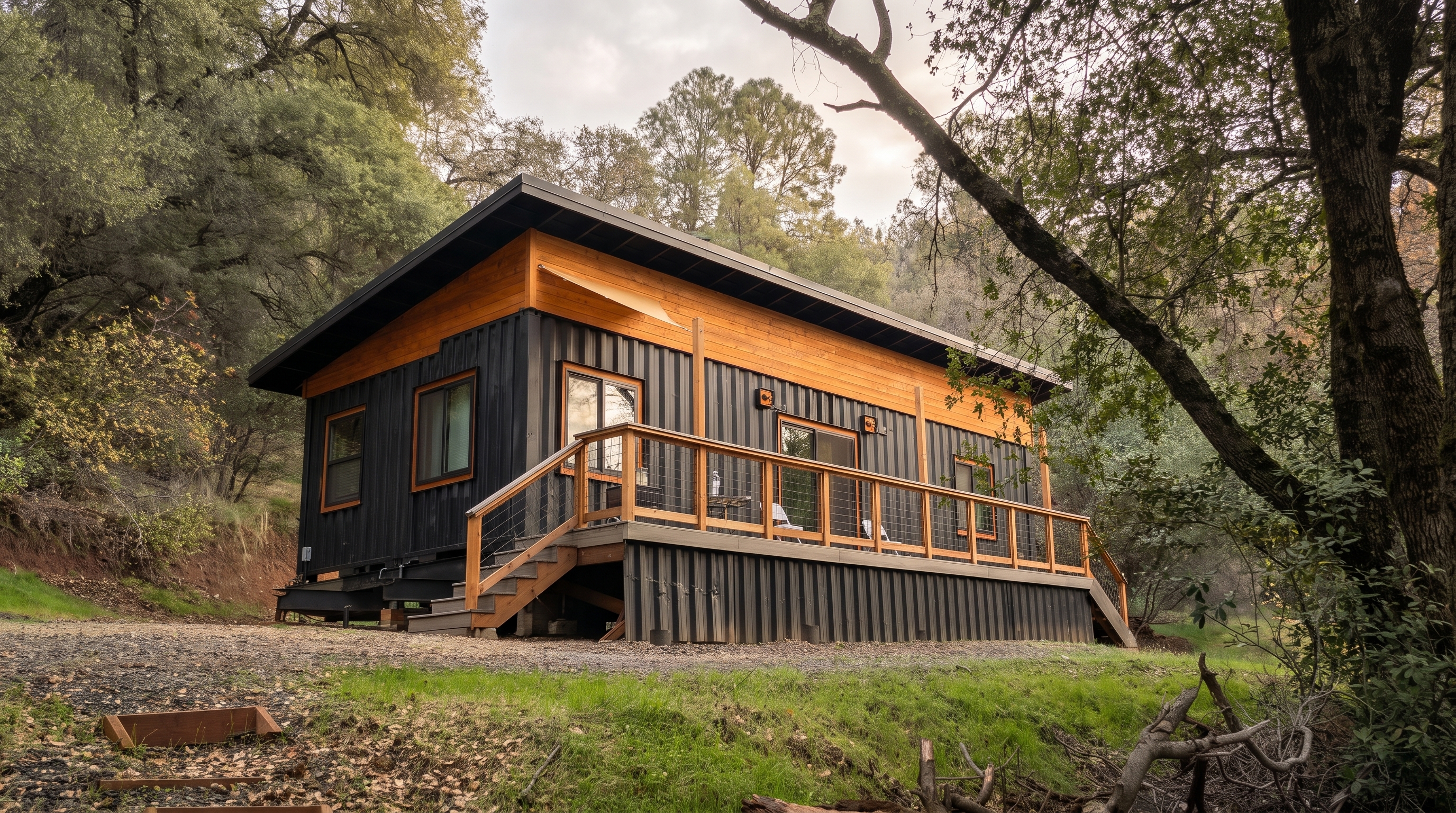 A refined container home with wood accents and a deck in the woods