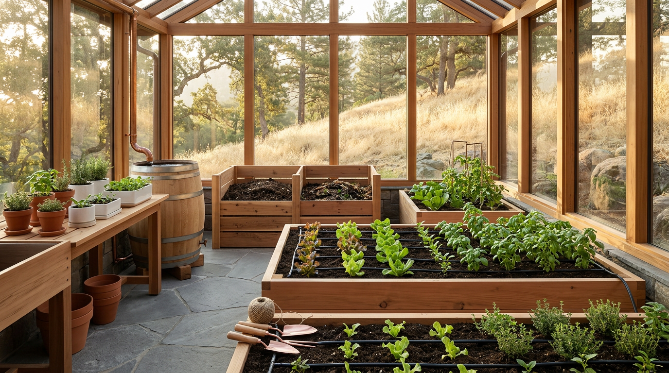 Rows of vegetables and soil in a productive homestead garden