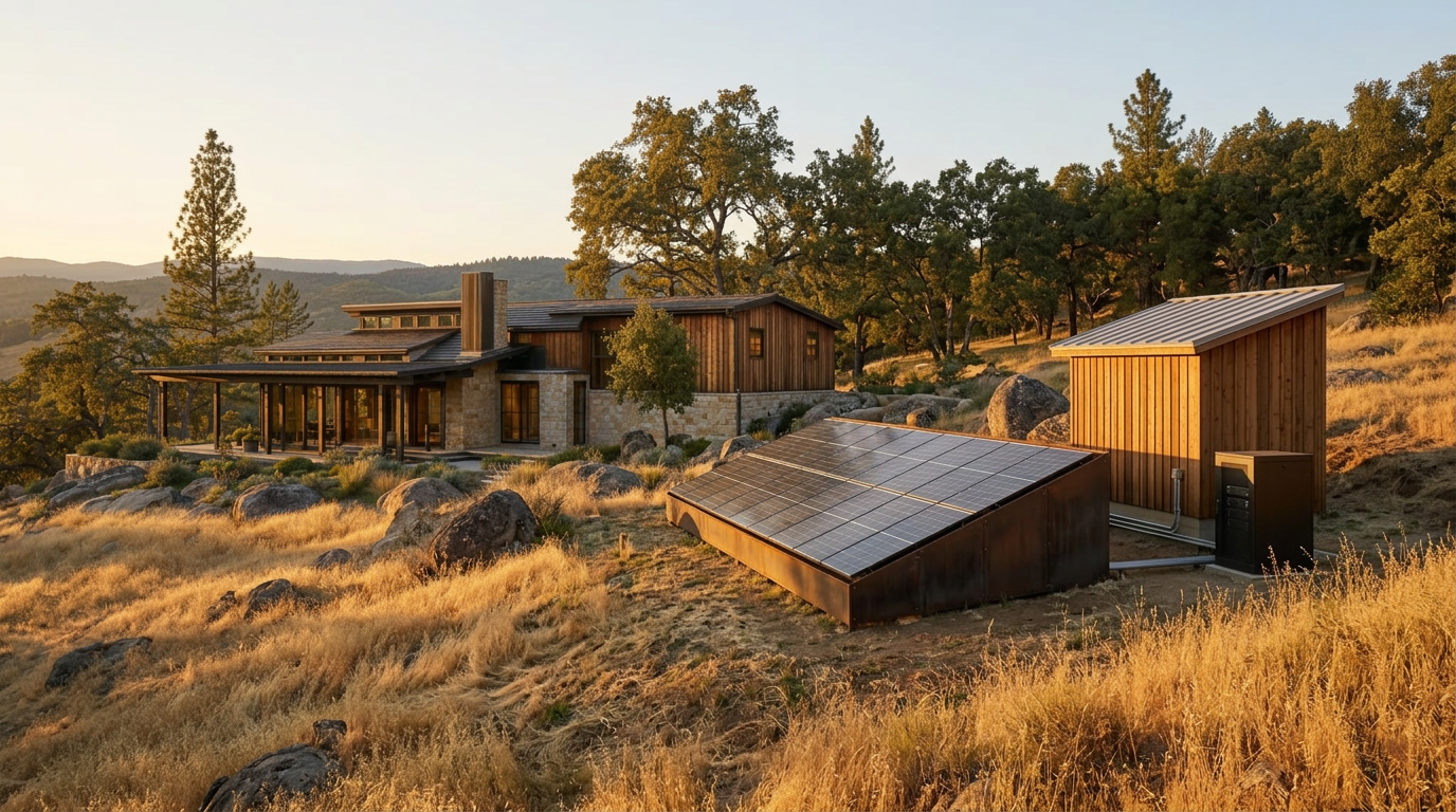 Rooftop solar array above a homestead roofline at golden hour