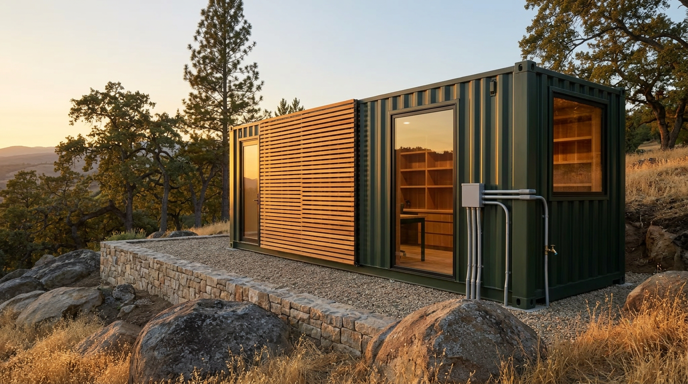 Stacked shipping containers on a rural site, steel shells ready for adaptation