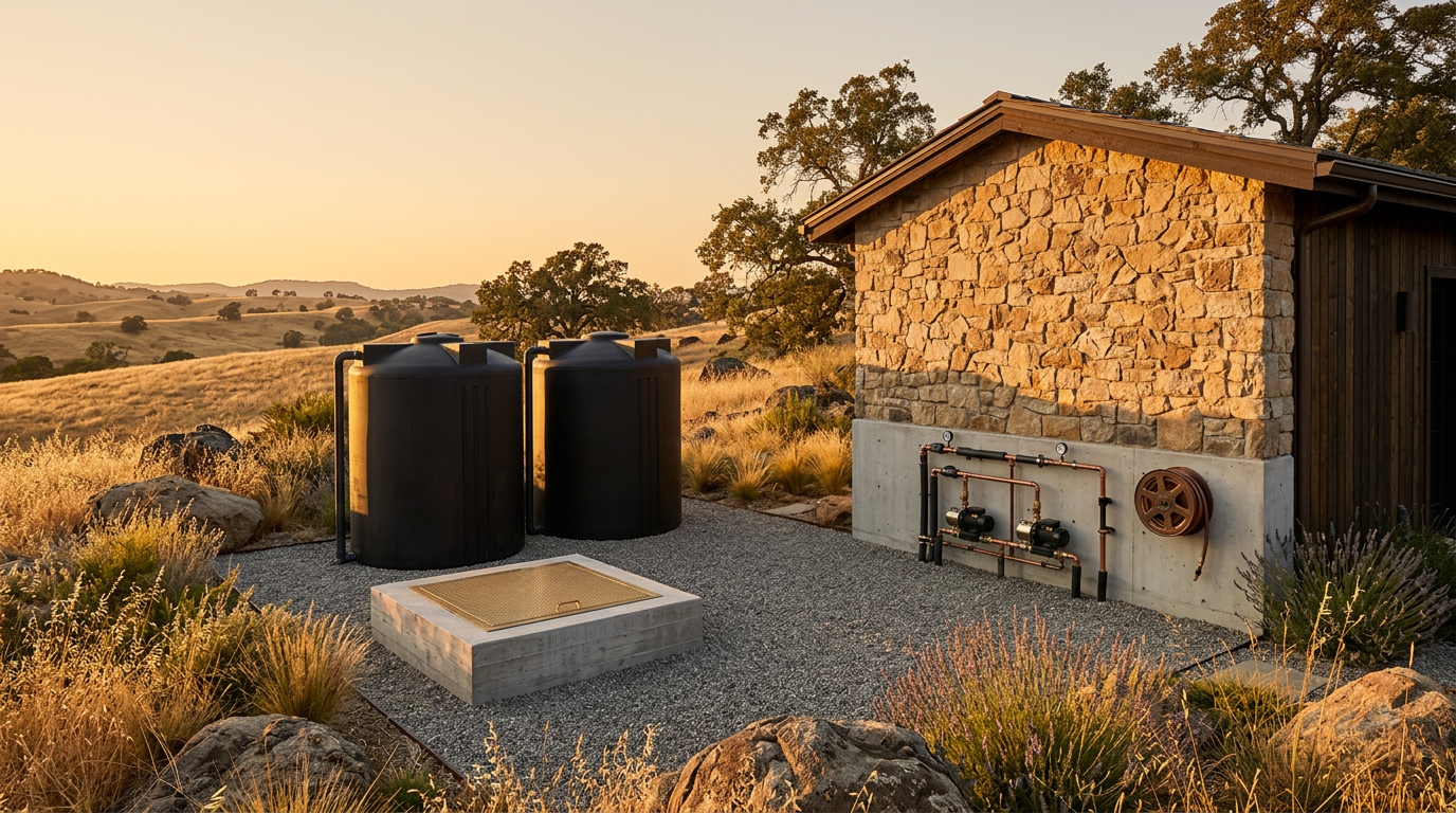 Large water storage tanks beside a homestead building under open sky