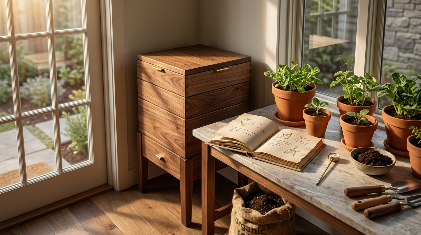 Worm composting bin with rich bedding and vegetable scraps in layered bedding