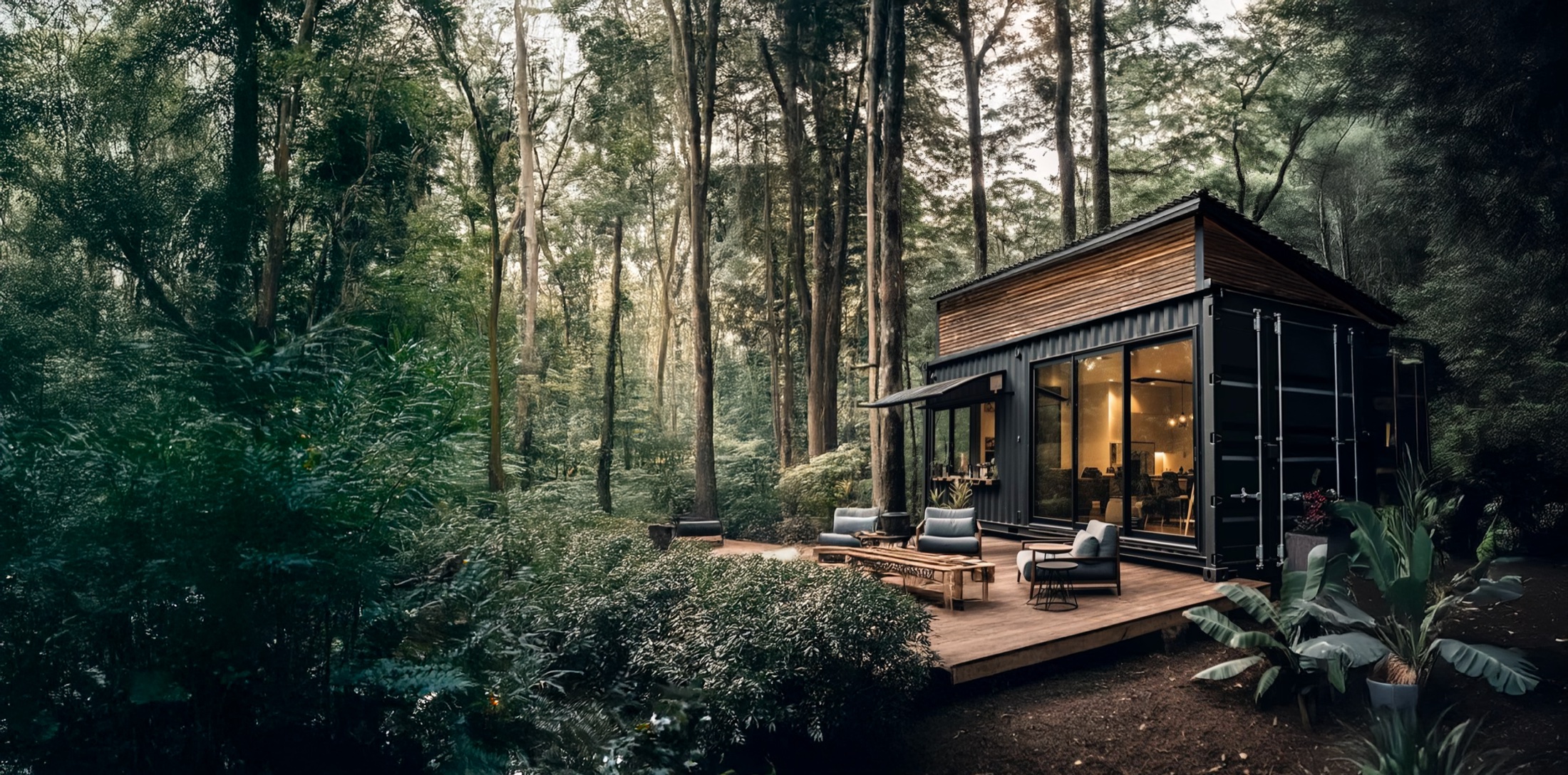 A refined container cabin tucked into dense woodland