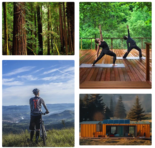Sierra Foothills lifestyle collage with forest trails, outdoor adventure, deck yoga, and a container home in the hills